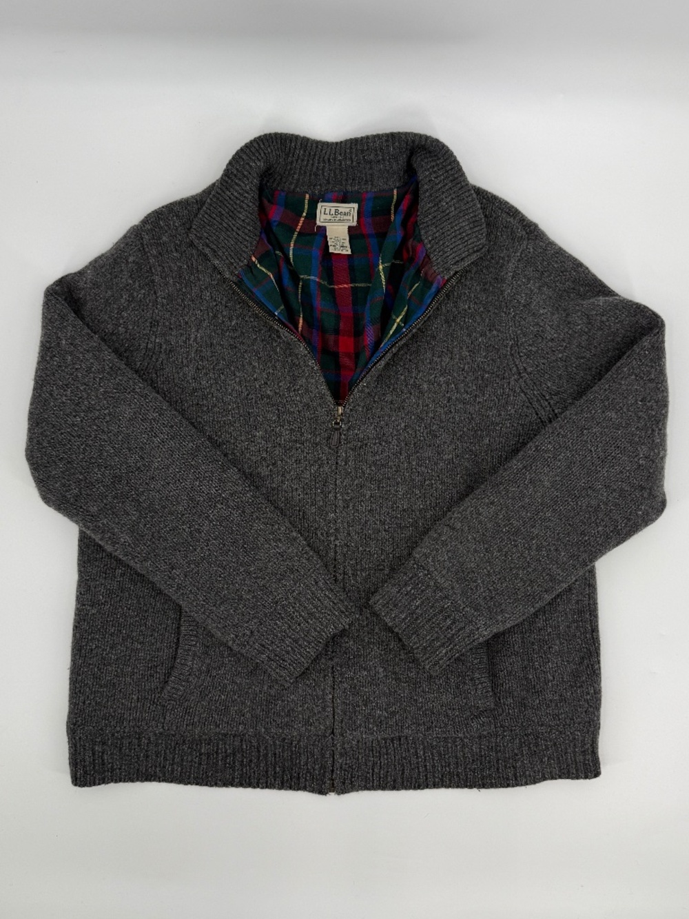 L.L. Bean Lambswool Plaid Cotton Lined Full Zip Sweater Jacket Grey Men XL.